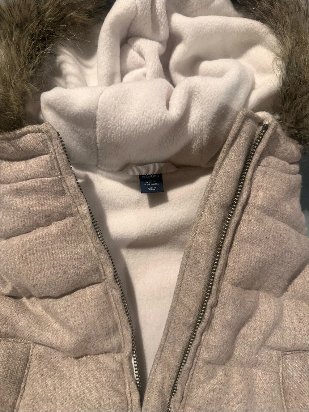 GAP Pink Taupe Hooded Puffer Vest with Faux Fur Trim